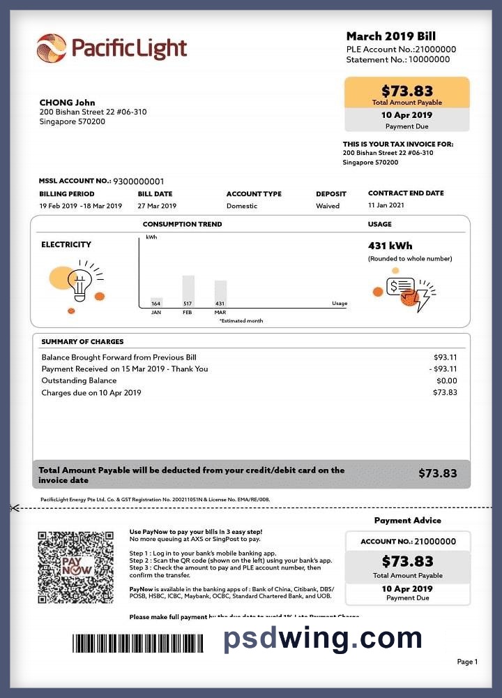 Singapore Pacific Light Electricity Utility Bill